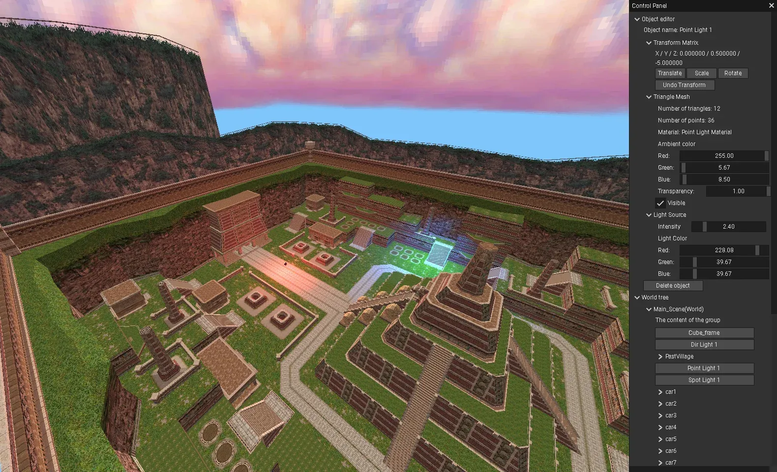 A textured 3D environment rendered in 3Dzavr with the engine's object editor and lighting controls open