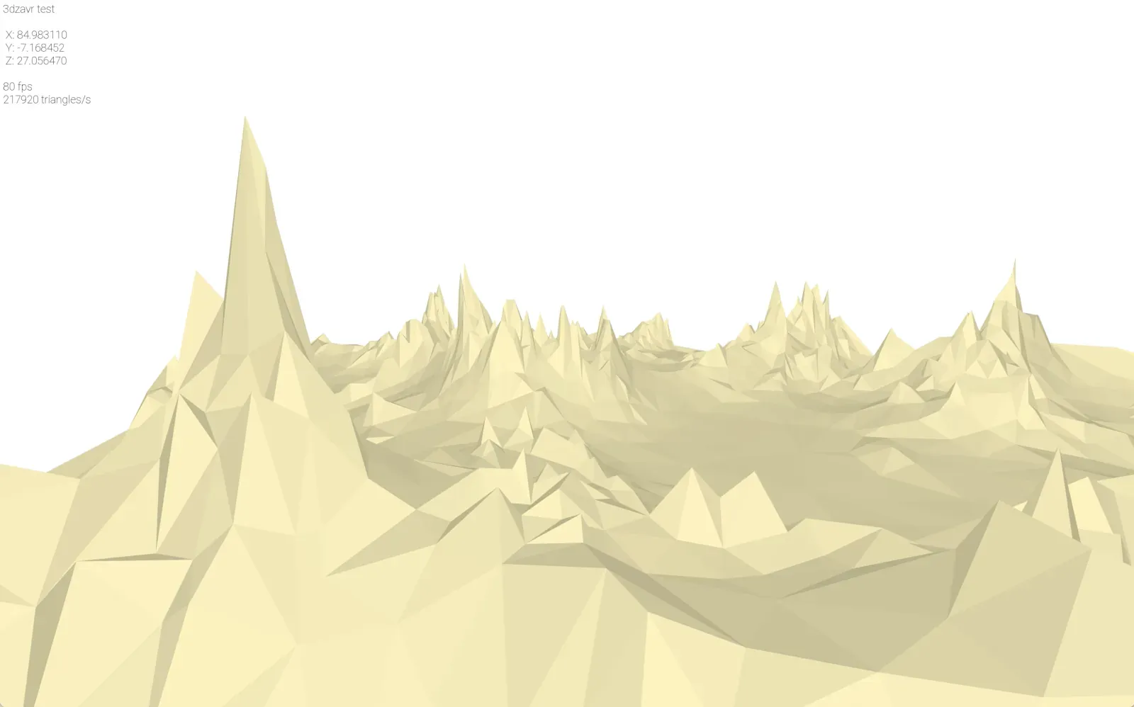 A pale low-poly mountain landscape rendered by an early version of 3Dzavr, with frame rate and triangle throughput shown in the corner