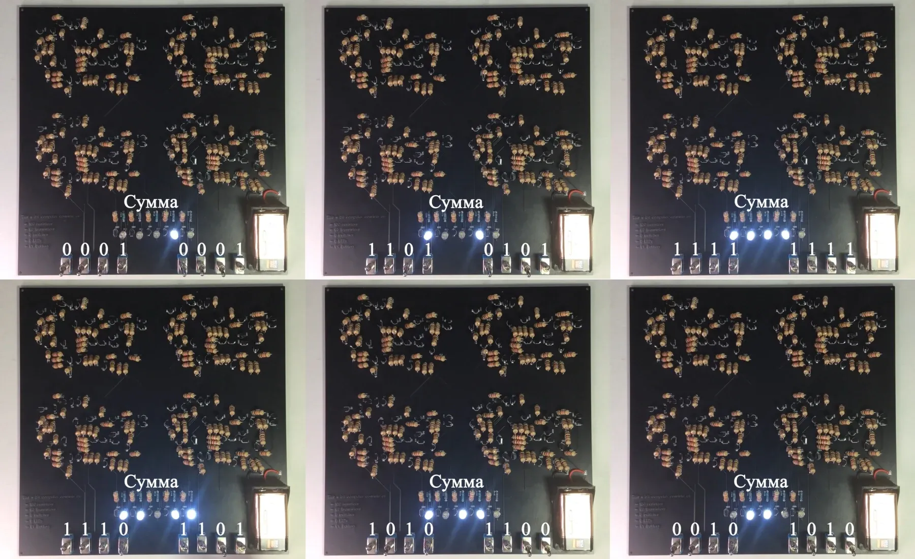 Collage of six four-bit input combinations and their sums shown on the finished board's LEDs