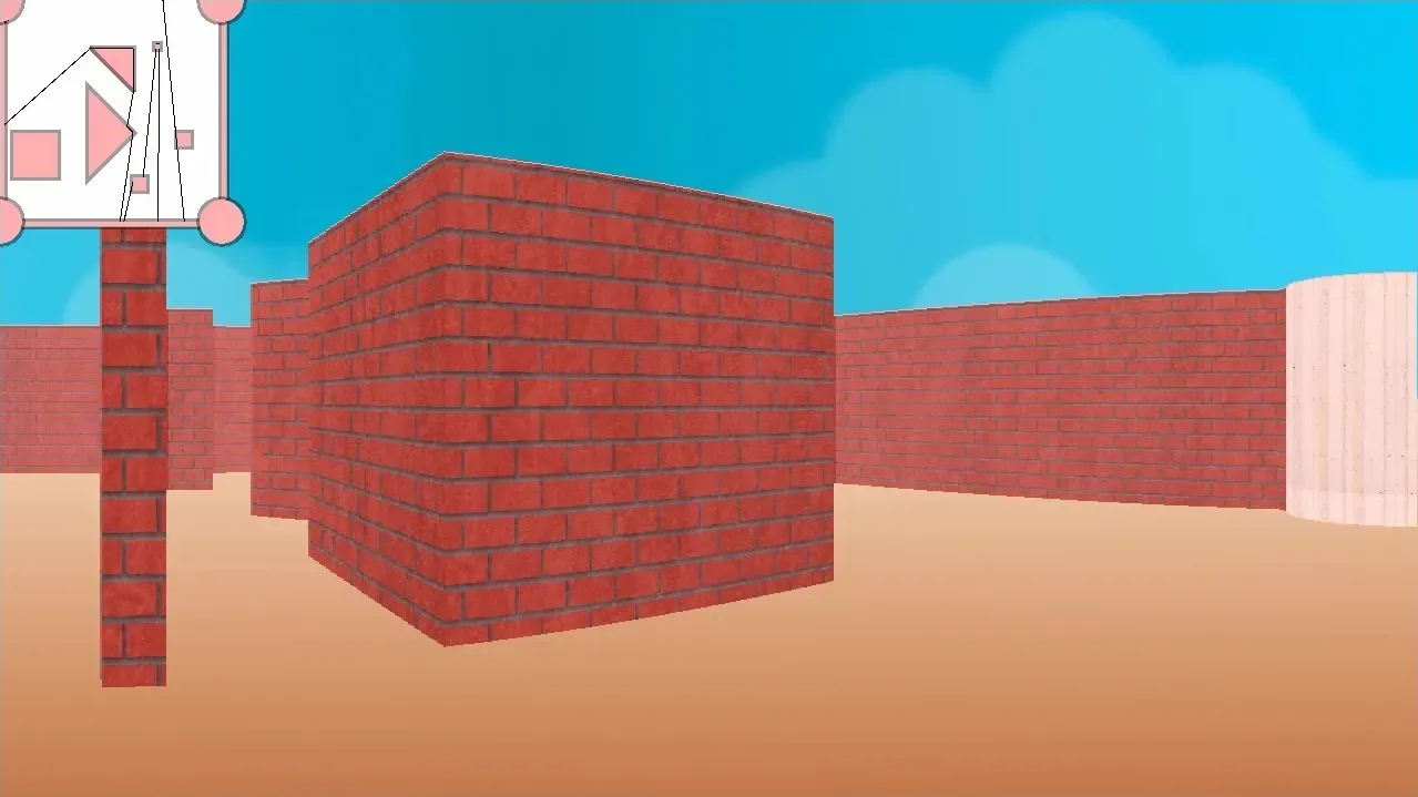 Early pseudo-3D brick arena with the top-down camera and ray-casting debug view visible in the upper-left corner