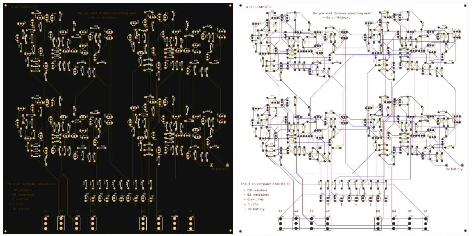 Circuit-board layouts for the four-bit binary adder