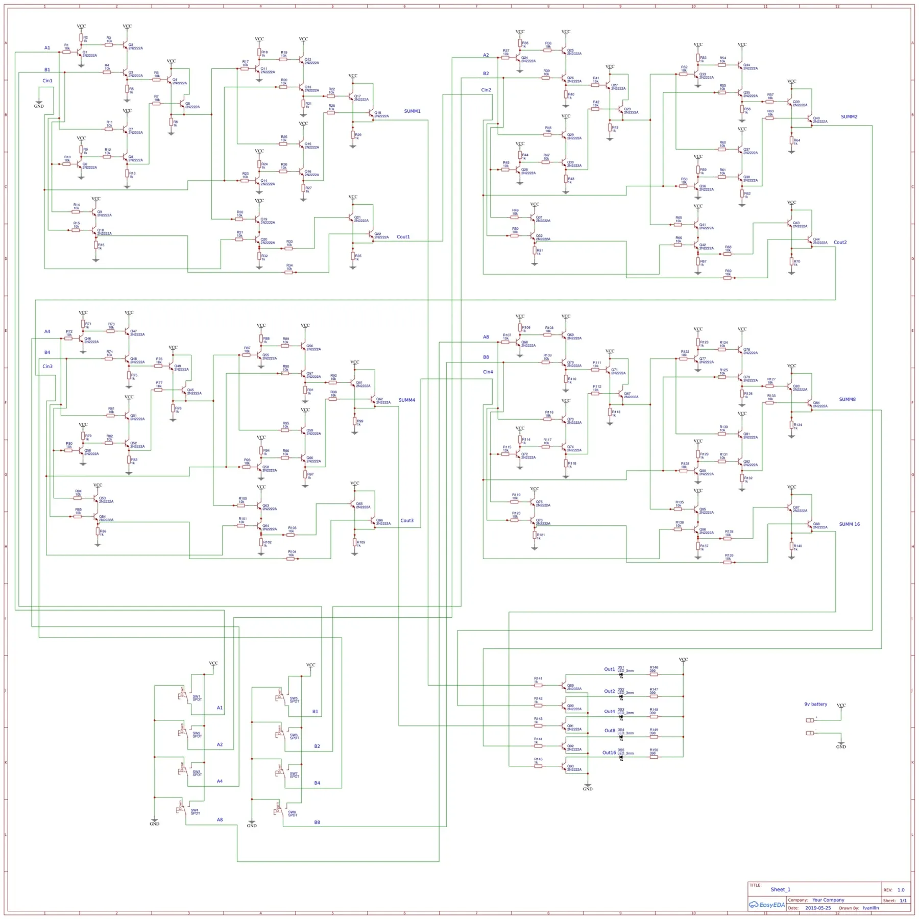 Complete schematic of four repeated transistor full adders with eight input switches and five output LEDs