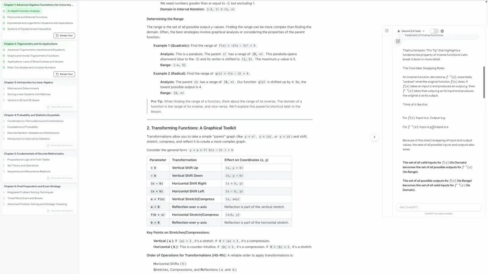 An experimental CourseGPT lesson with an advanced algebra curriculum on the left, lesson content in the center, and a course-aware AI assistant on the right