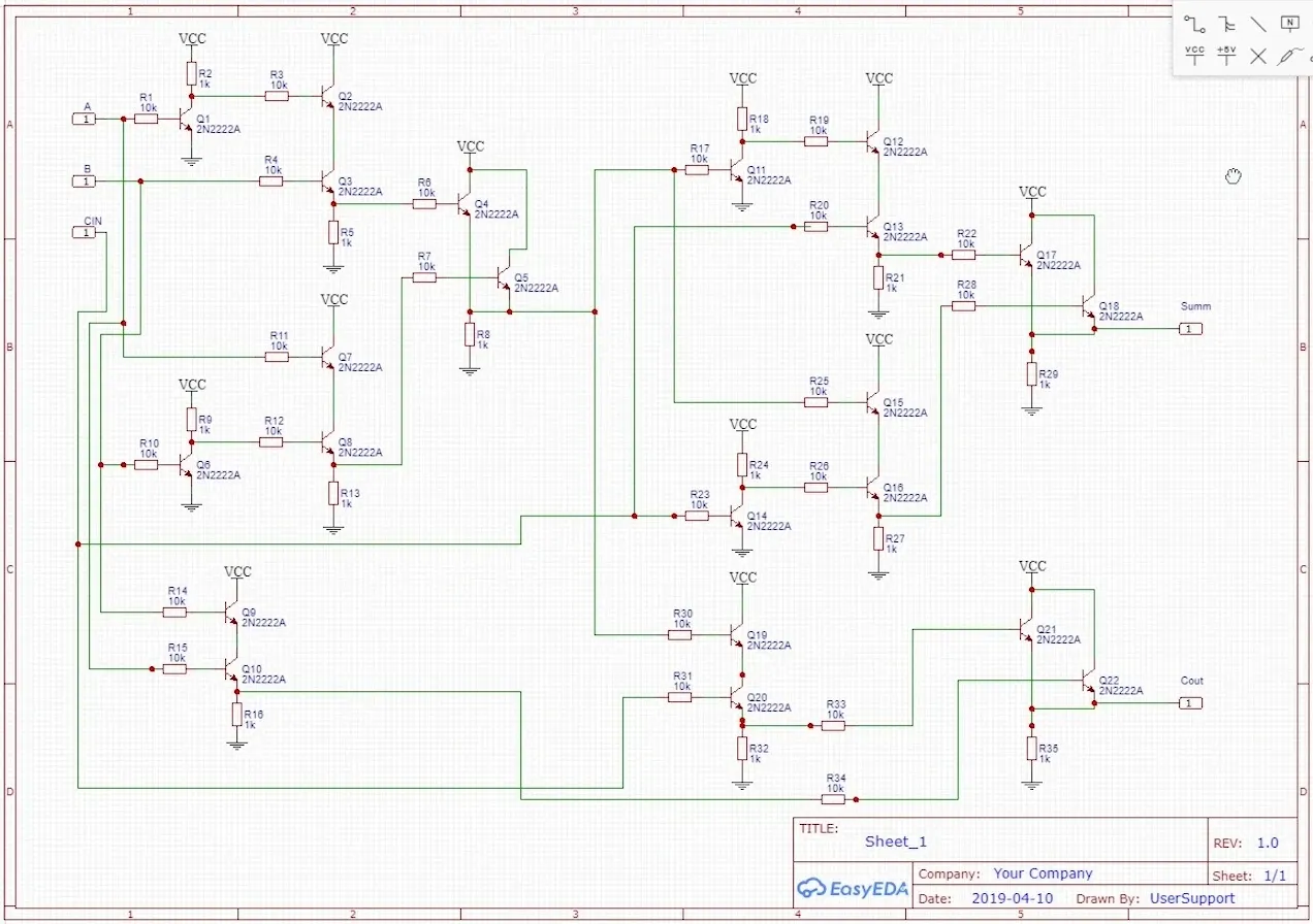 EasyEDA schematic of a one-bit full adder constructed from 2N2222A transistors and resistors