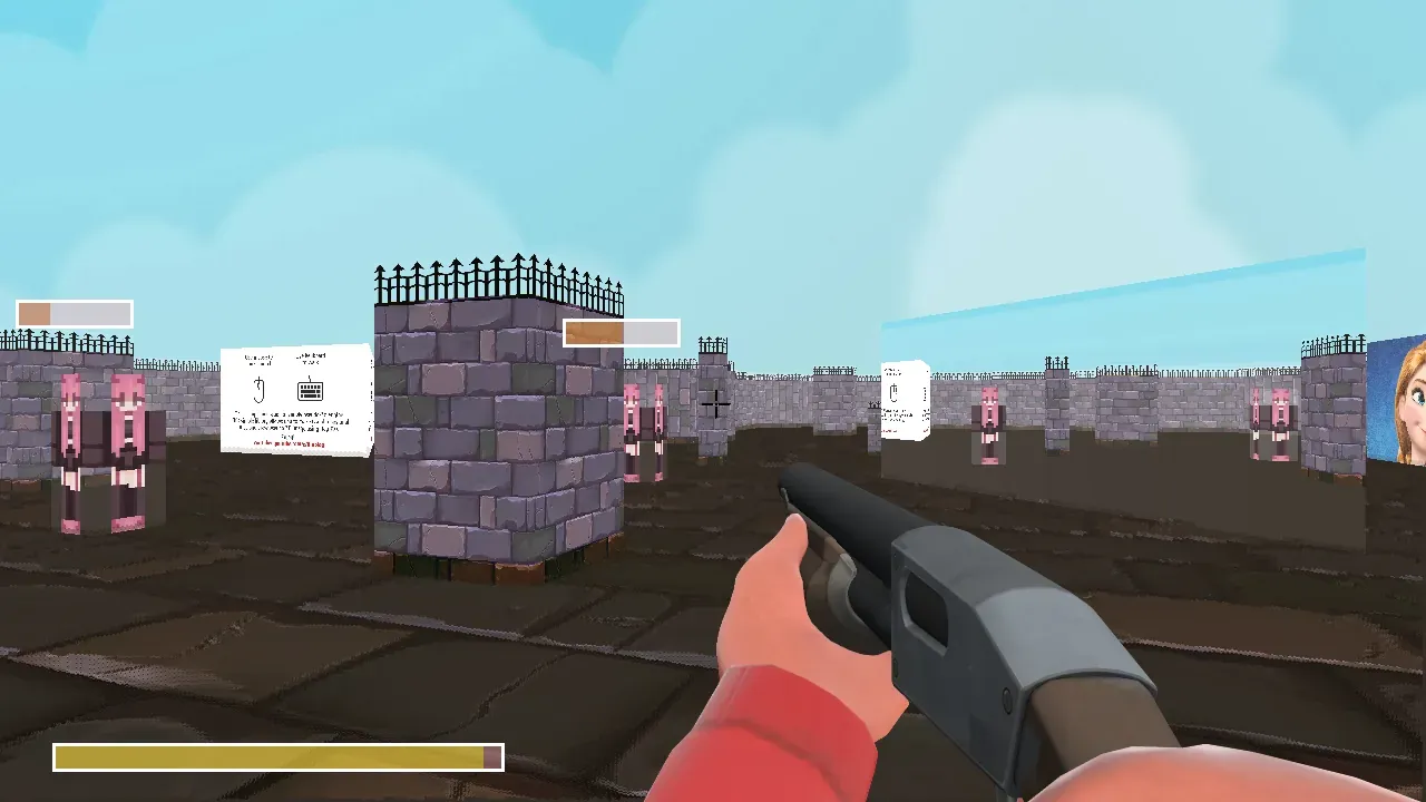 Online pseudo-3D match with several players, mirrored geometry, and health bars visible in one arena