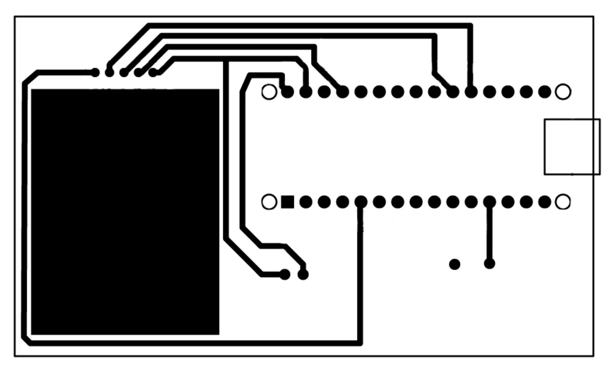 Black single-sided PCB trace pattern with an Arduino Nano footprint and a large joystick cutout