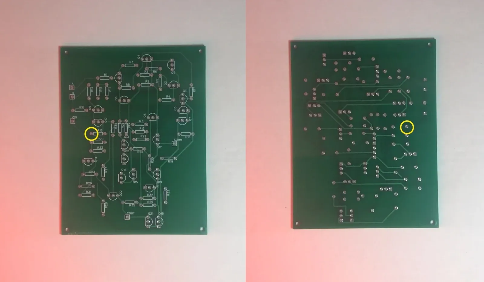 Front and back of the green one-bit adder PCB with resistor R16 and its unconnected pad circled