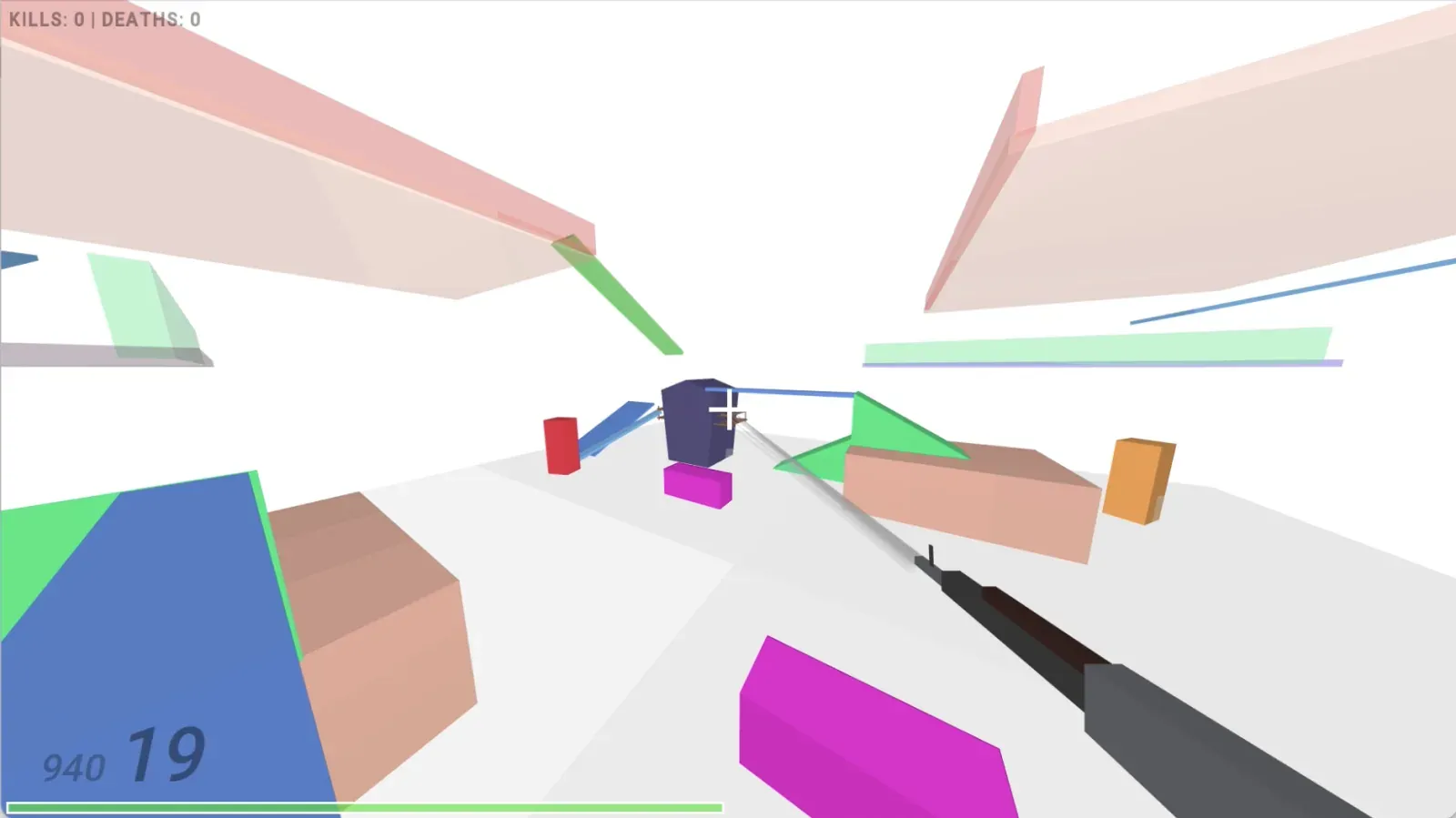 First-person gameplay from the 3Dzavr shooter, with a rifle, abstract arena geometry, ammunition, health, and a score display