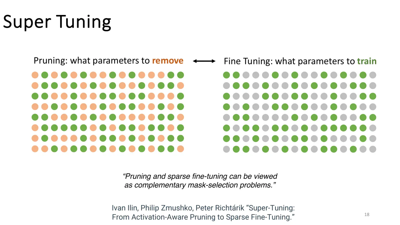 Two weight grids comparing parameters removed during pruning with parameters selected for sparse fine-tuning