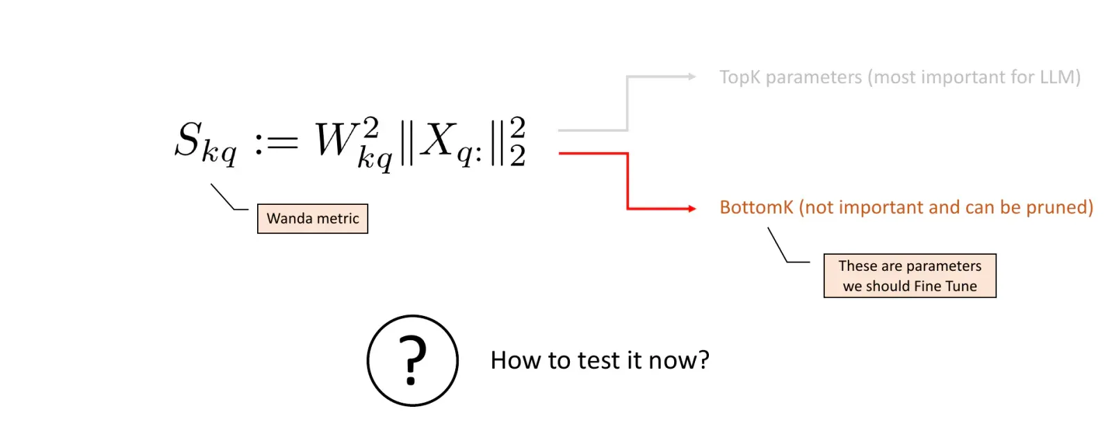 Wanda score branching to faded TopK parameters and highlighted BottomK parameters proposed for fine-tuning