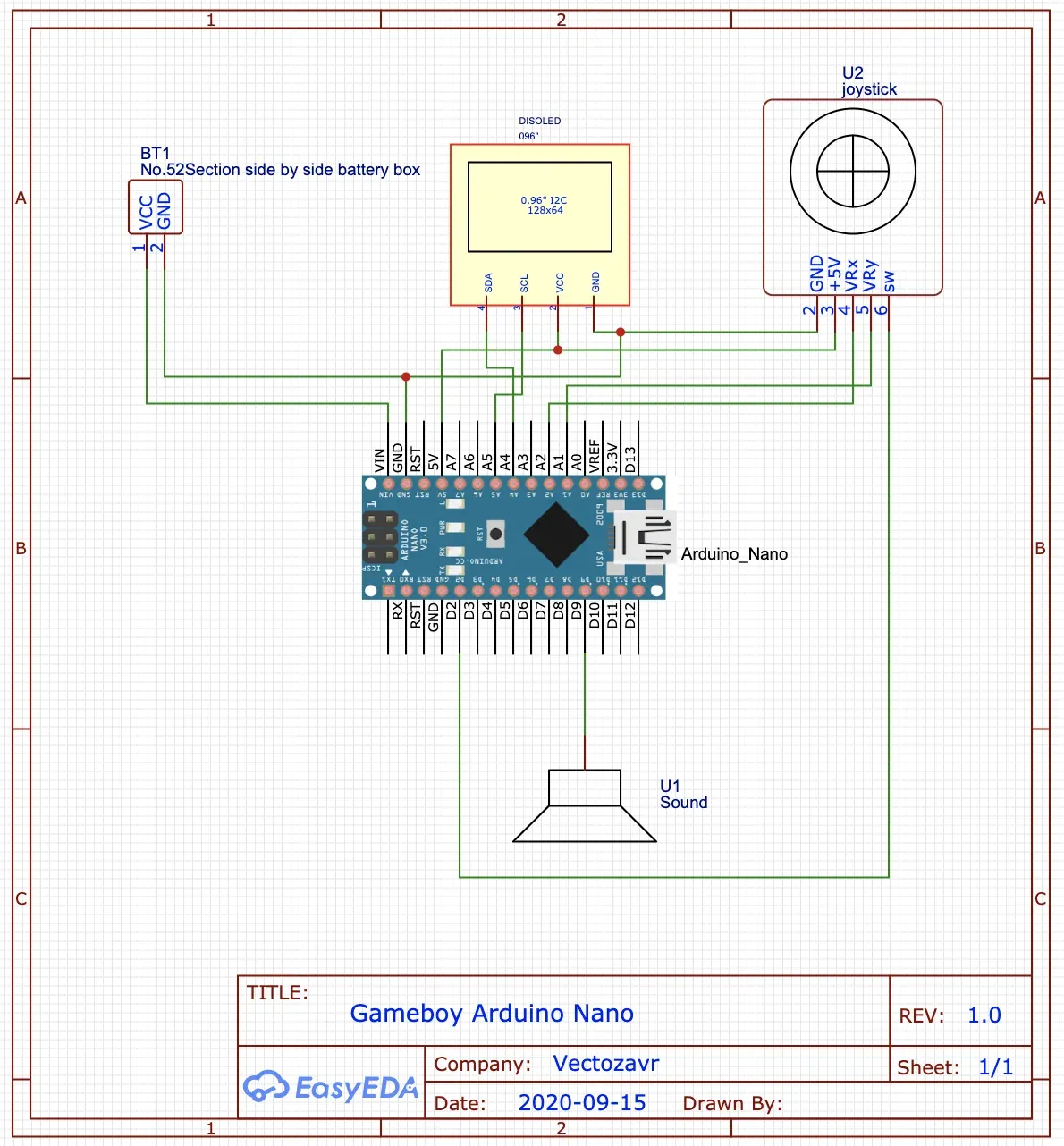 EasyEDA wiring diagram connecting an Arduino Nano to the OLED, joystick, battery, and an optional speaker